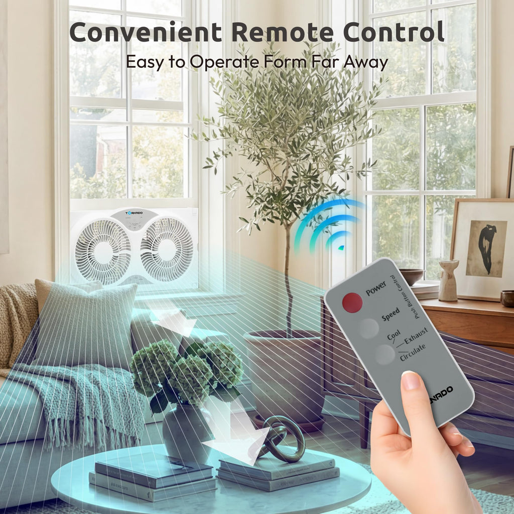 9 Inch Dual Window Fan with Remote Control, 3-Speed, White I99789