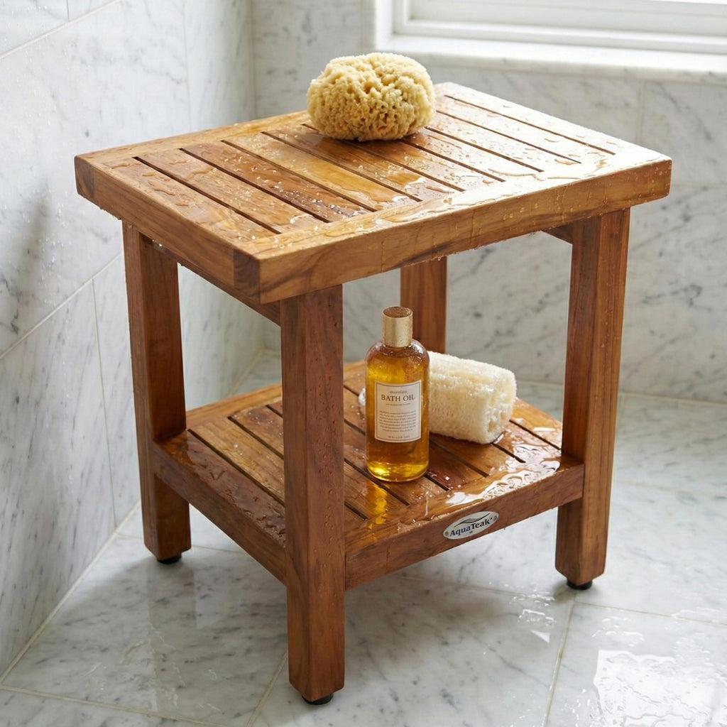 18" Teak Shower Bench with Shelf H62259