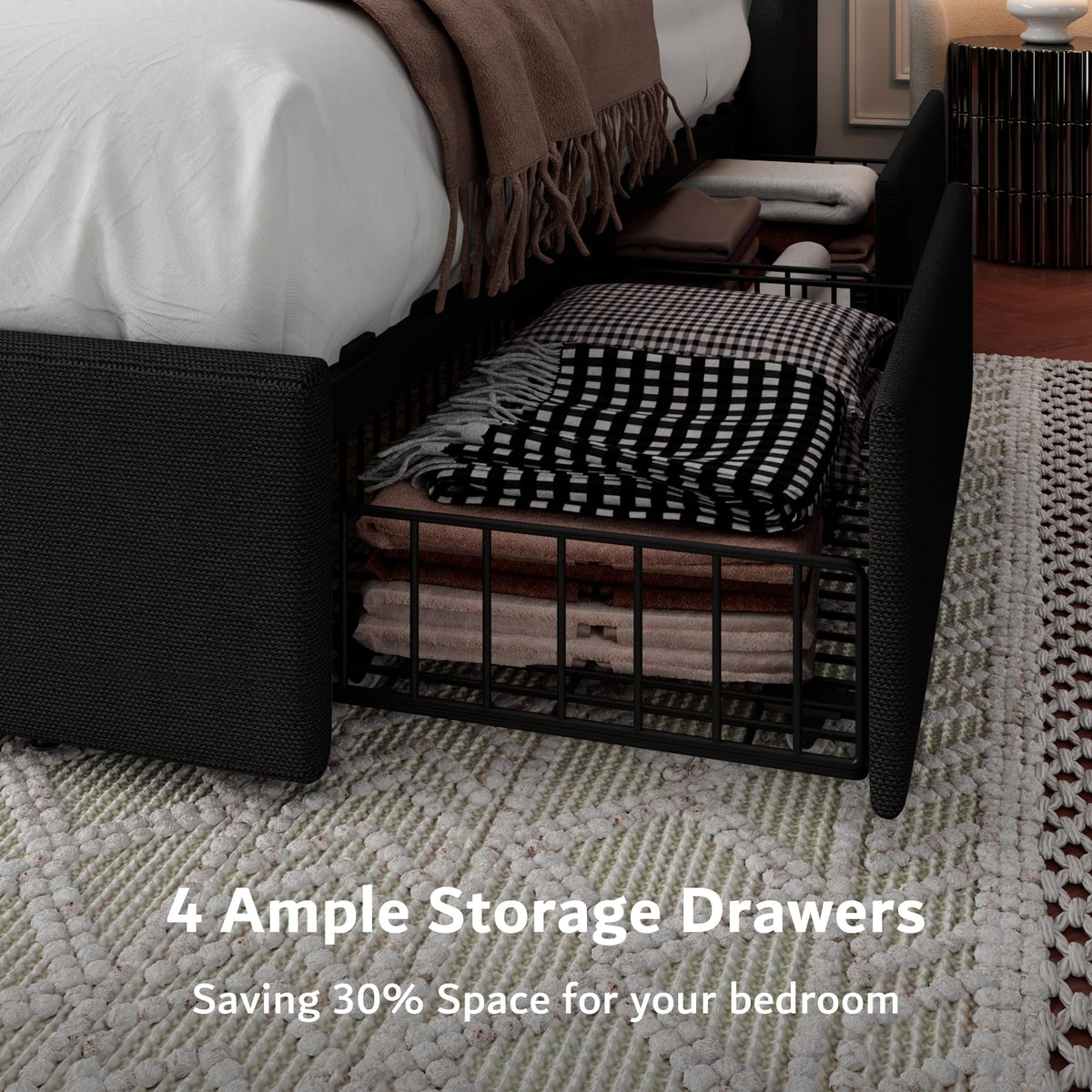 Black Queen Upholstered Platform Bed Frame with 4 Storage Drawers B993