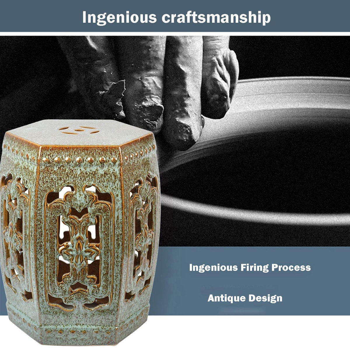 Ceramic Garden Stool Hexagonal Hollow Porcelain Drum Stool L4172