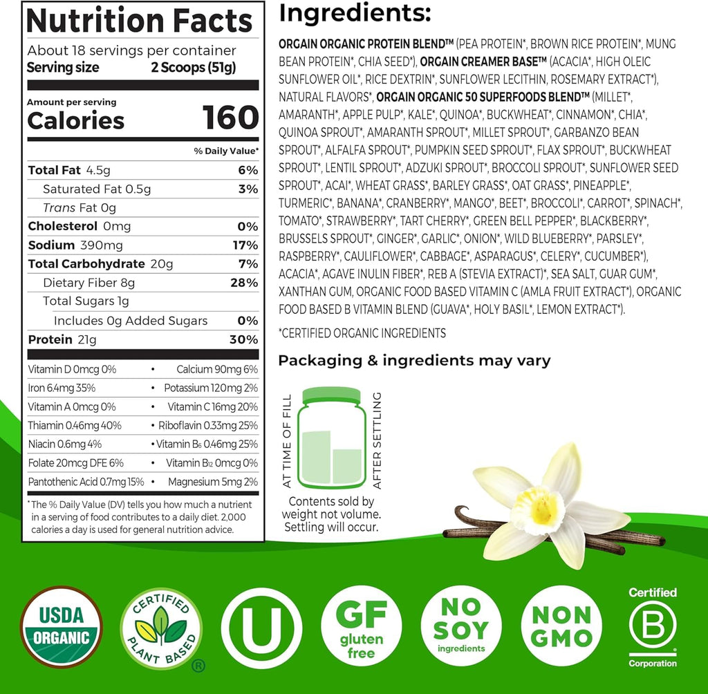 Organic Vegan Protein + 50 Superfoods Powder, 21g Plant Based Protein, 2.02 lb I960