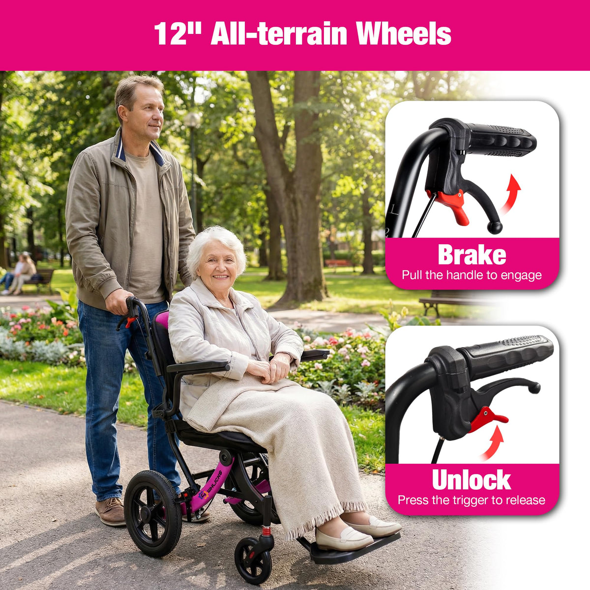 Lightweight Foldable Wheelchair with 12-inch Wheels and Removable Cushion T128