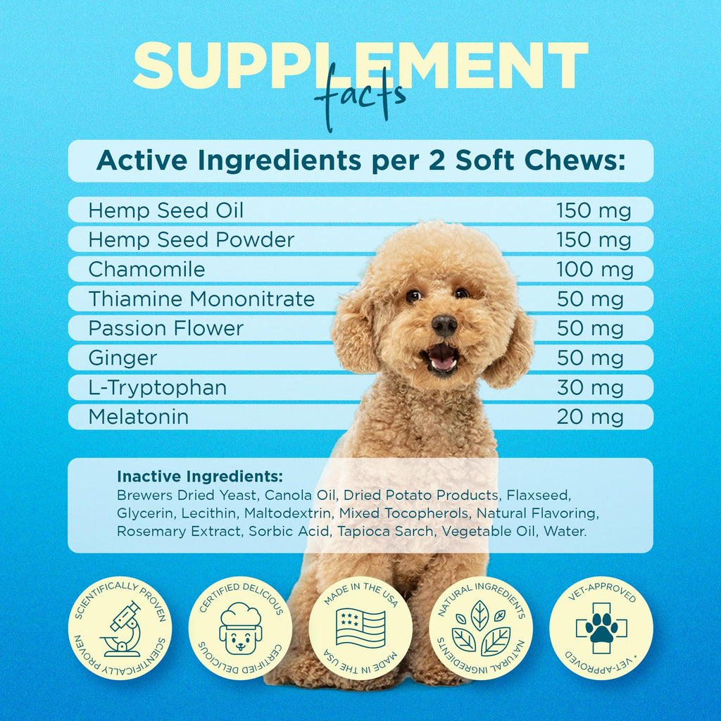 Hemp Calming Chews for Dogs with Chamomile 60 Bacon Treats J4296