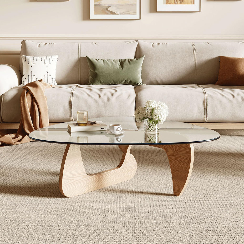 Modern Coffee Table with Tempered Glass Top and Solid Wood Base Y77354