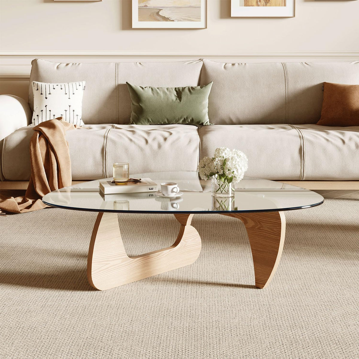 Modern Coffee Table with Tempered Glass Top and Solid Wood Base Y77354