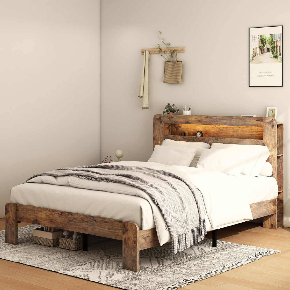 Full Size Dark Brown Wood Platform Bed Frame with Storage Z9447