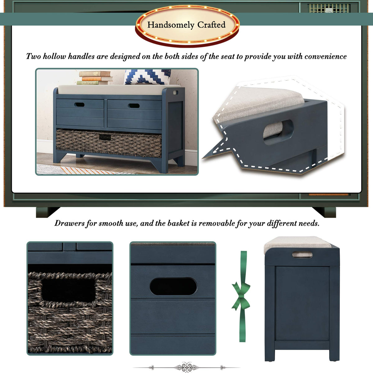 Navy Storage Bench with Drawers and Basket W959