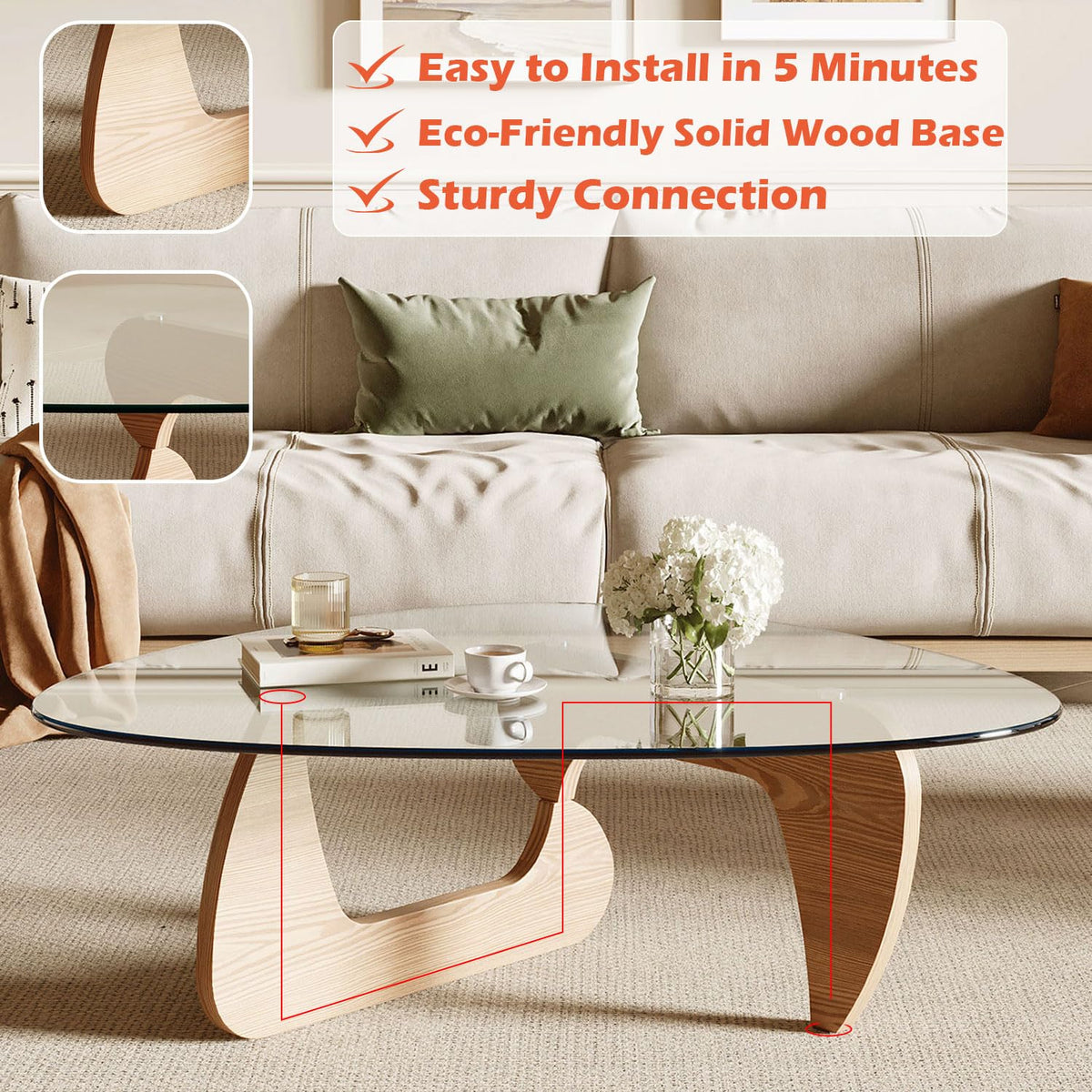 Modern Coffee Table with Tempered Glass Top and Solid Wood Base Y77354