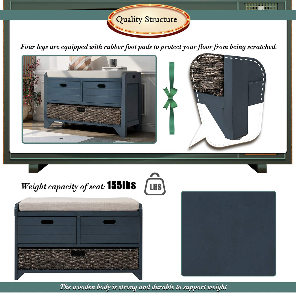 Navy Storage Bench with Drawers and Basket W959