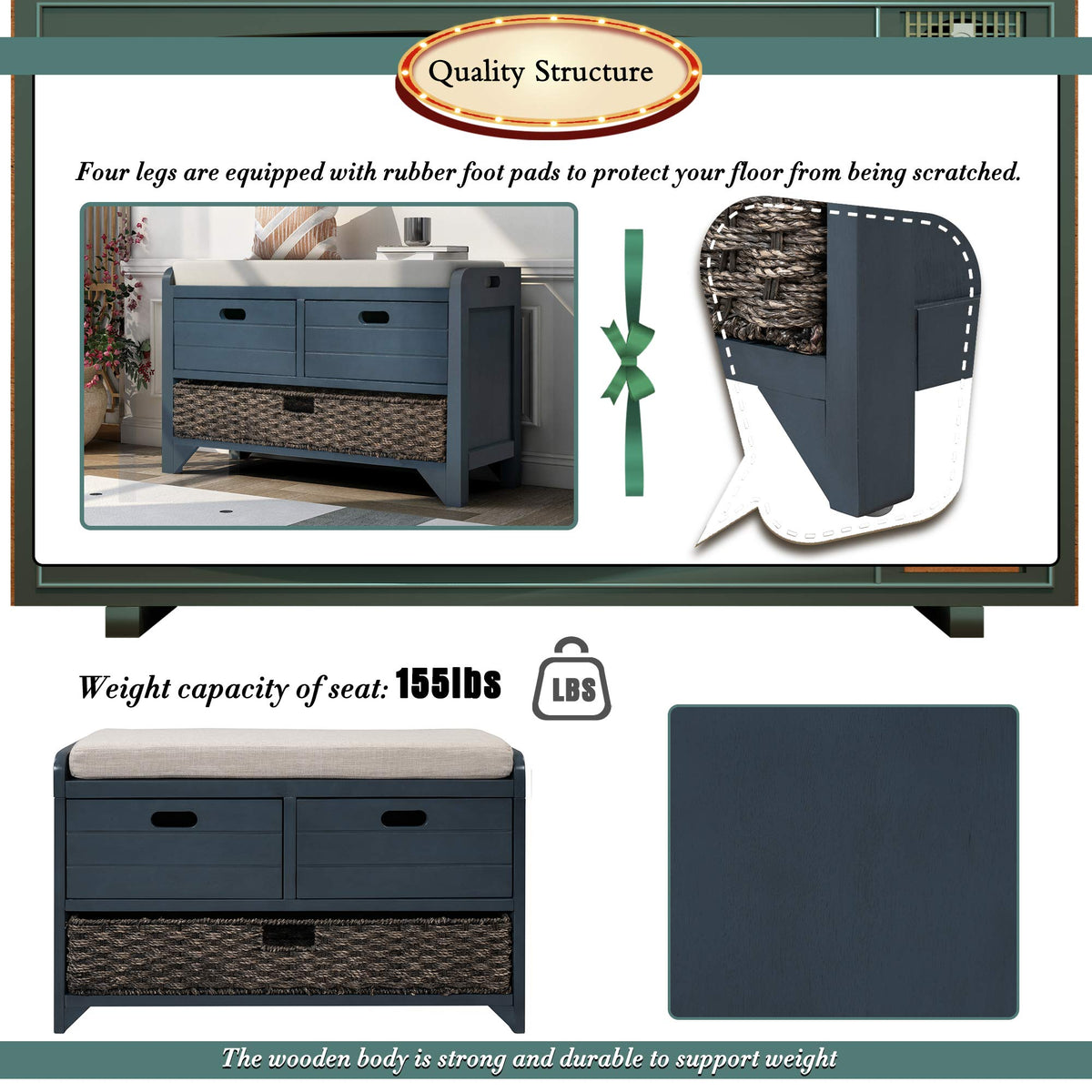Navy Storage Bench with Drawers and Basket W959