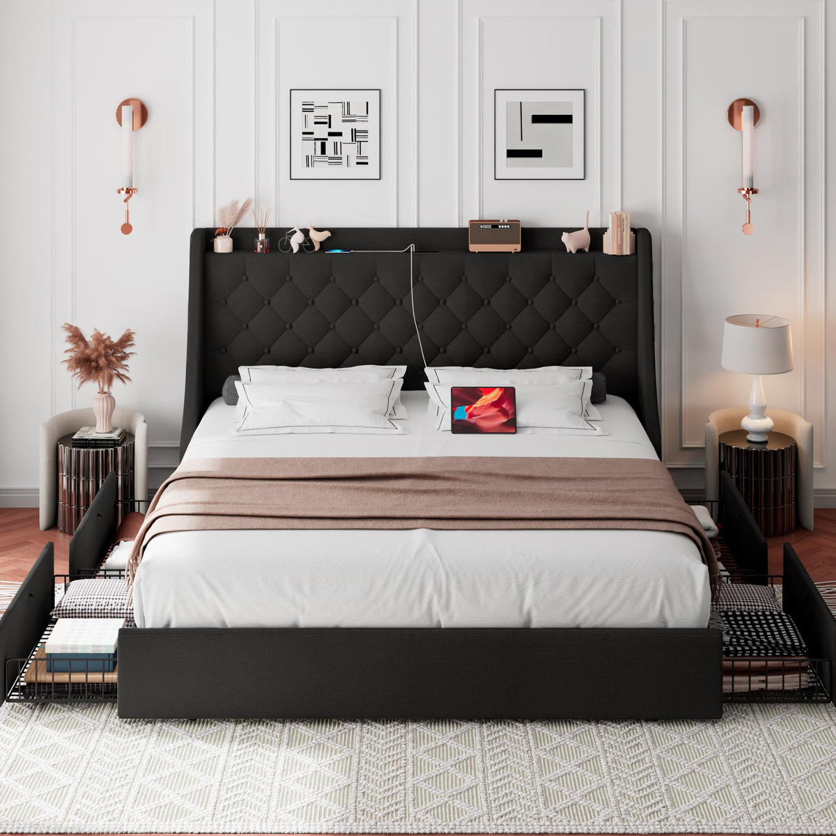 Black Queen Upholstered Platform Bed Frame with 4 Storage Drawers B993