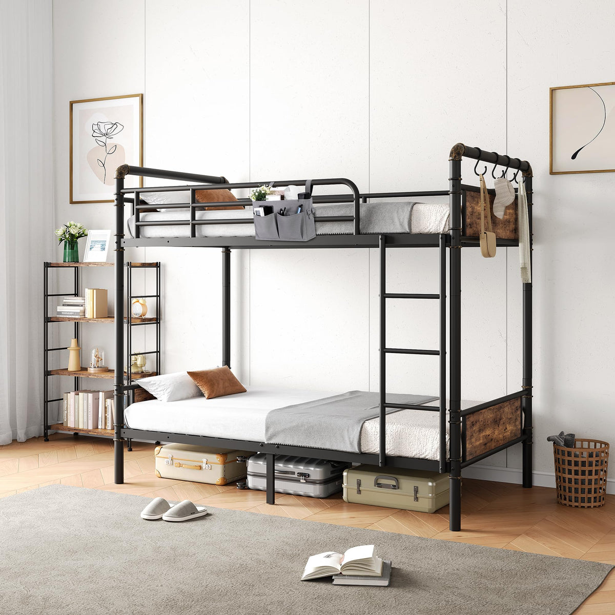 Twin Over Twin Metal Bunk Bed with Ladder and Guardrail A92031