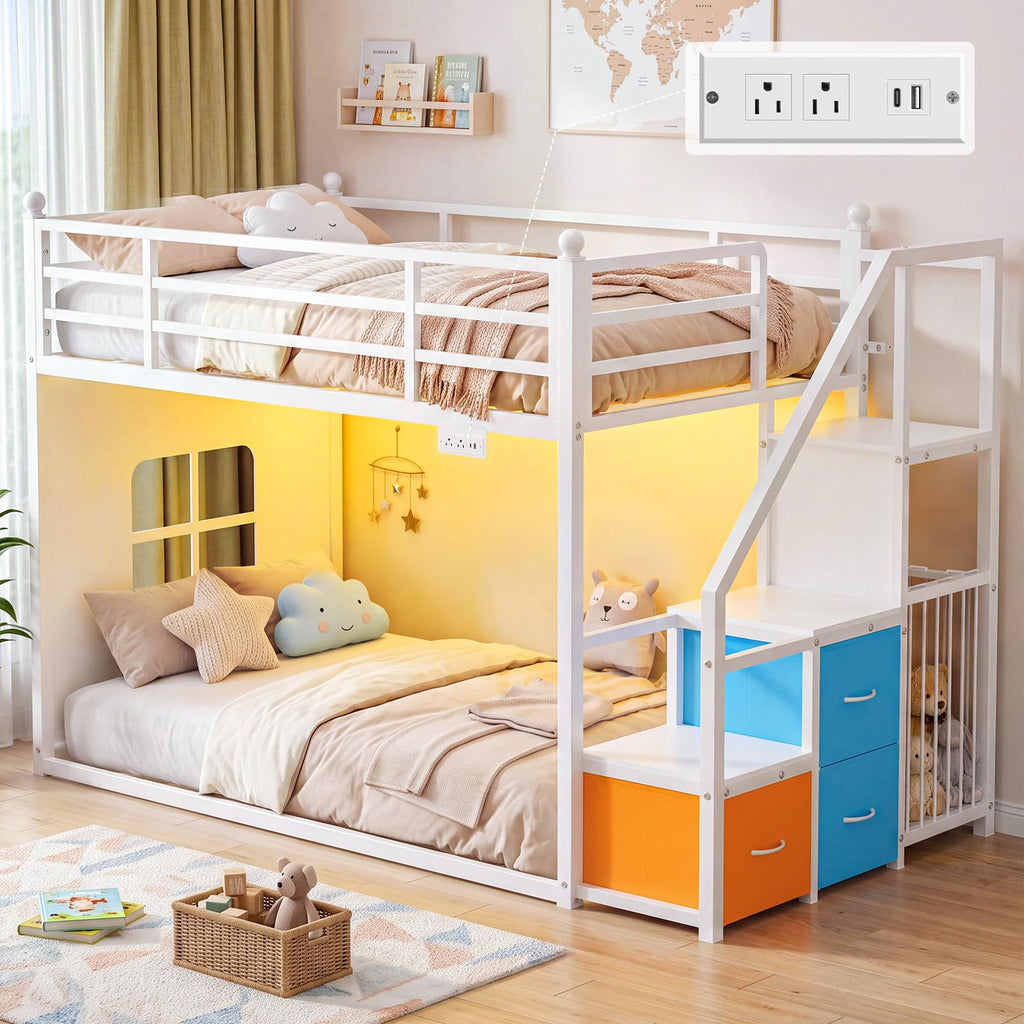 White Twin Over Twin Bunk Bed with Stairs and 3 Storage Drawers R50897