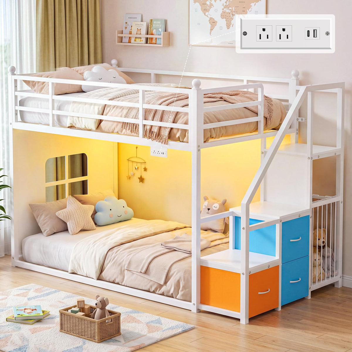 White Twin Over Twin Bunk Bed with Stairs and 3 Storage Drawers R50897