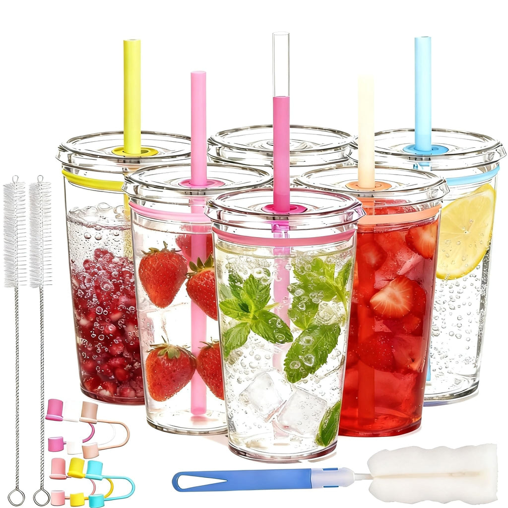 16 oz Plastic Tumbler Cup with Lid and Straw, 6 Pack S59604