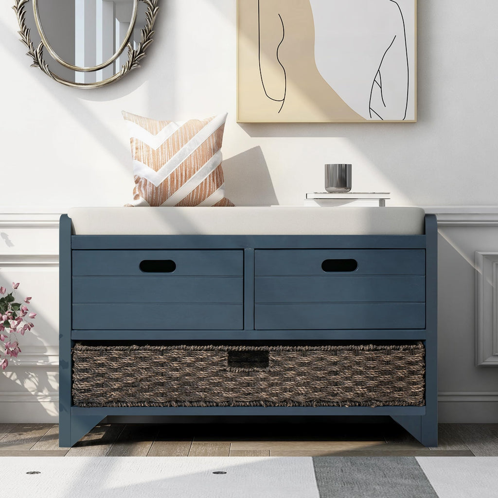 Navy Storage Bench with Drawers and Basket W959