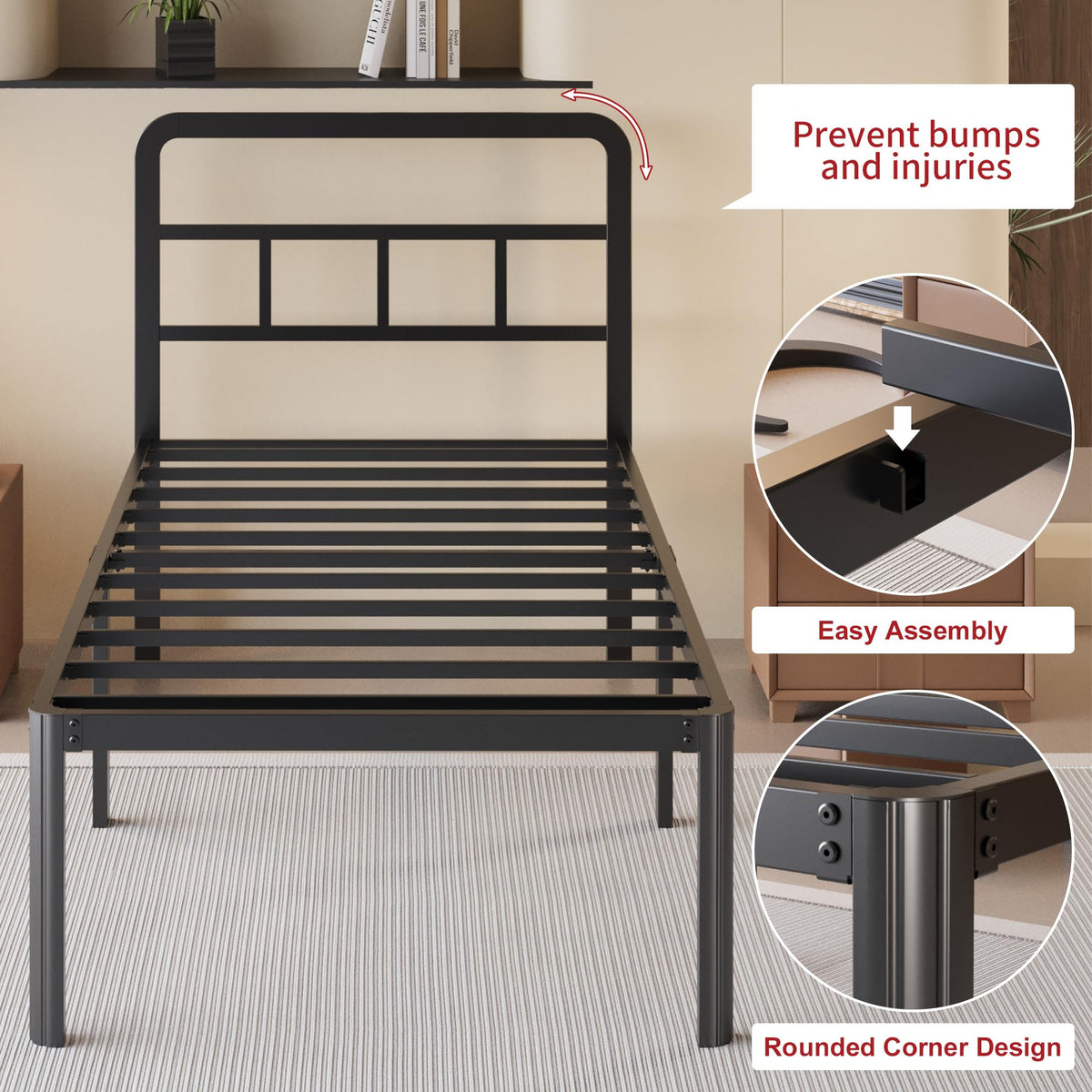 18 Inch Twin XL Black Metal Bed Frame with Headboard X625