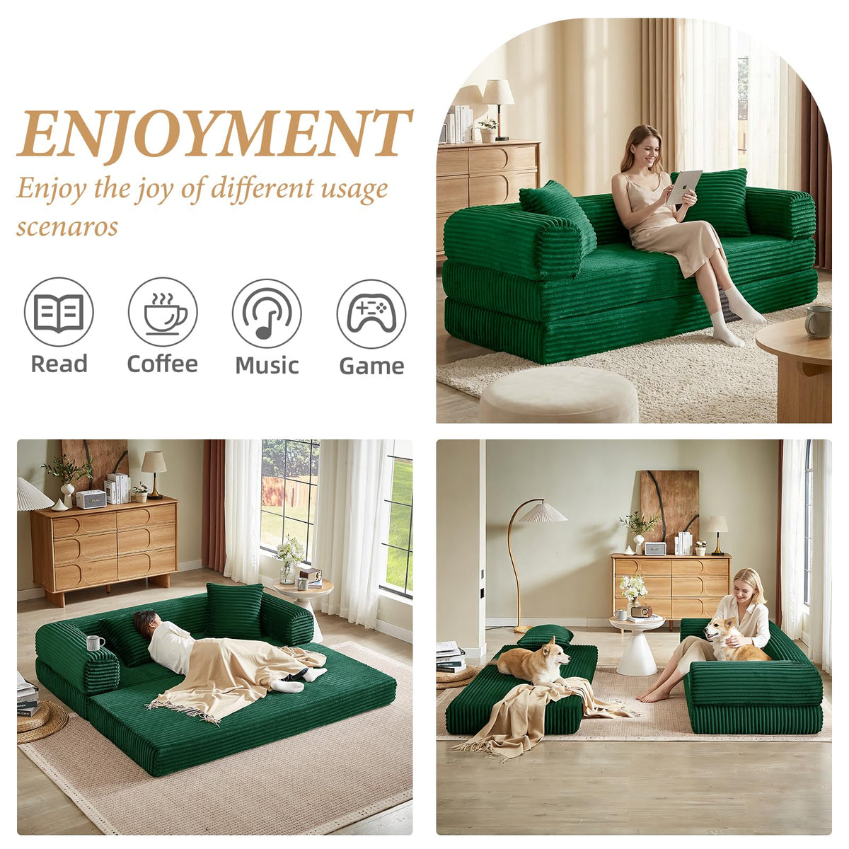 Green Corduroy Convertible Futon Sofa Bed A414