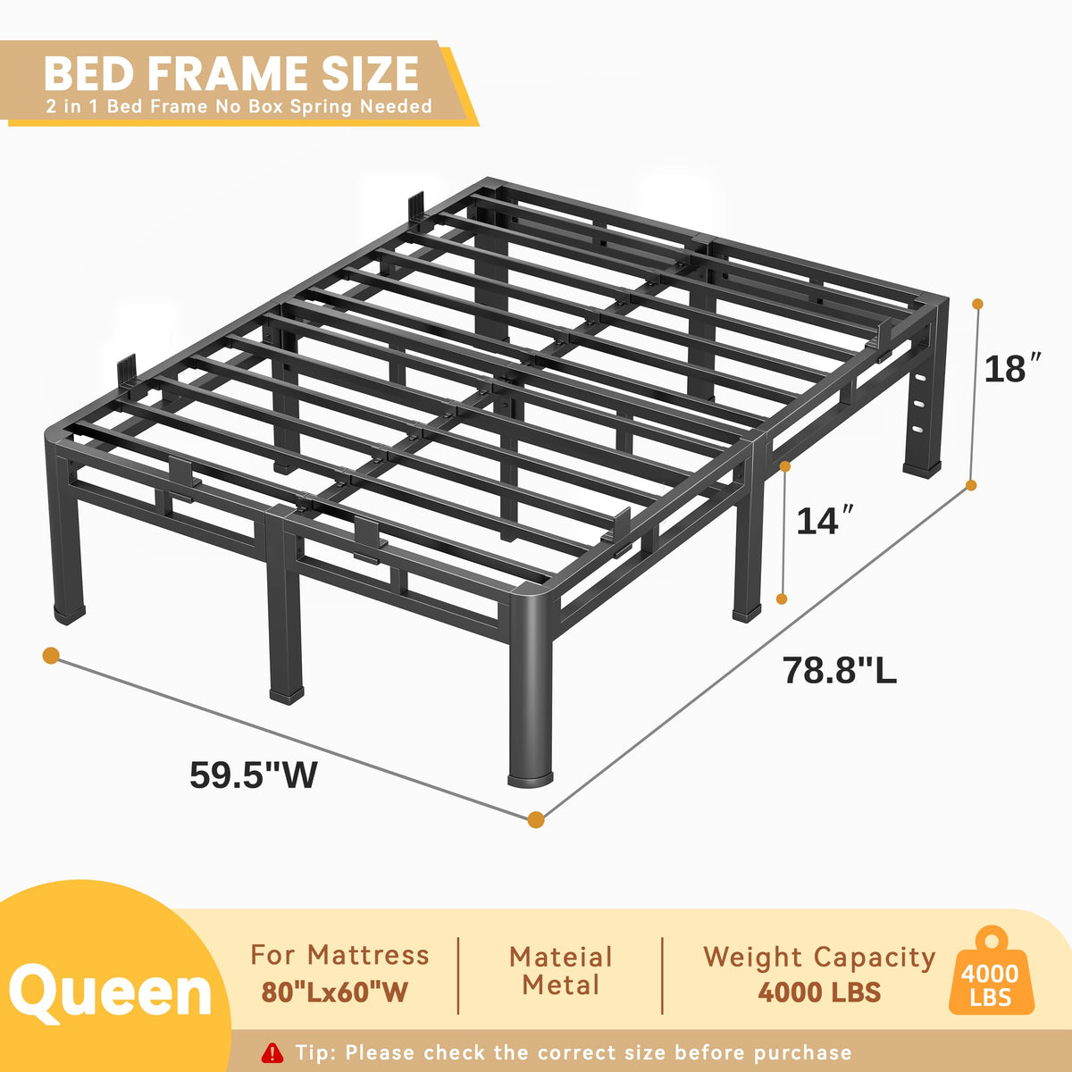 Queen 18 Inch Tall Metal Platform Bed Frame T579443