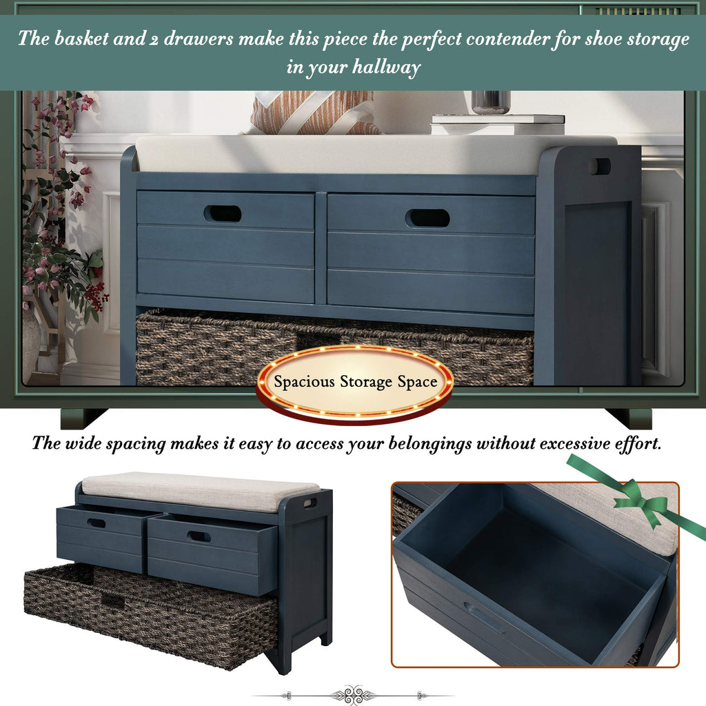 Navy Storage Bench with Drawers and Basket W959