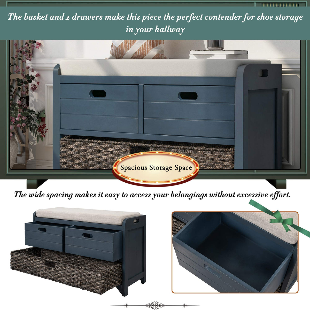 Navy Storage Bench with Drawers and Basket W959