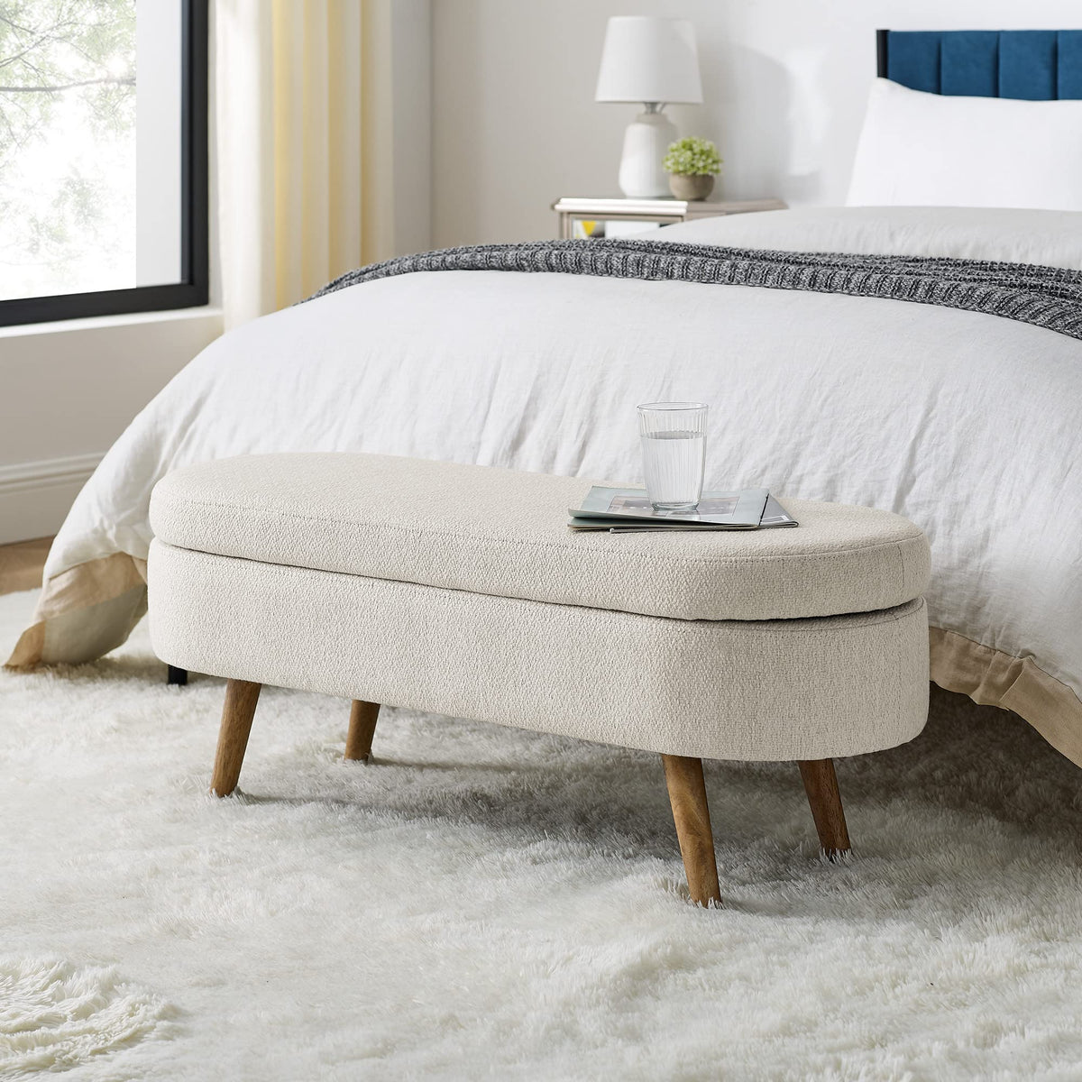 43.5" L Upholstered Linen Storage Ottoman Bench with Rubber Wood Legs U656718