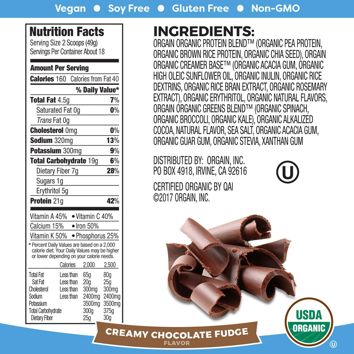 Organic Vegan Protein Powder + Greens, Creamy Chocolate Fudge, Vanilla Bean F29775