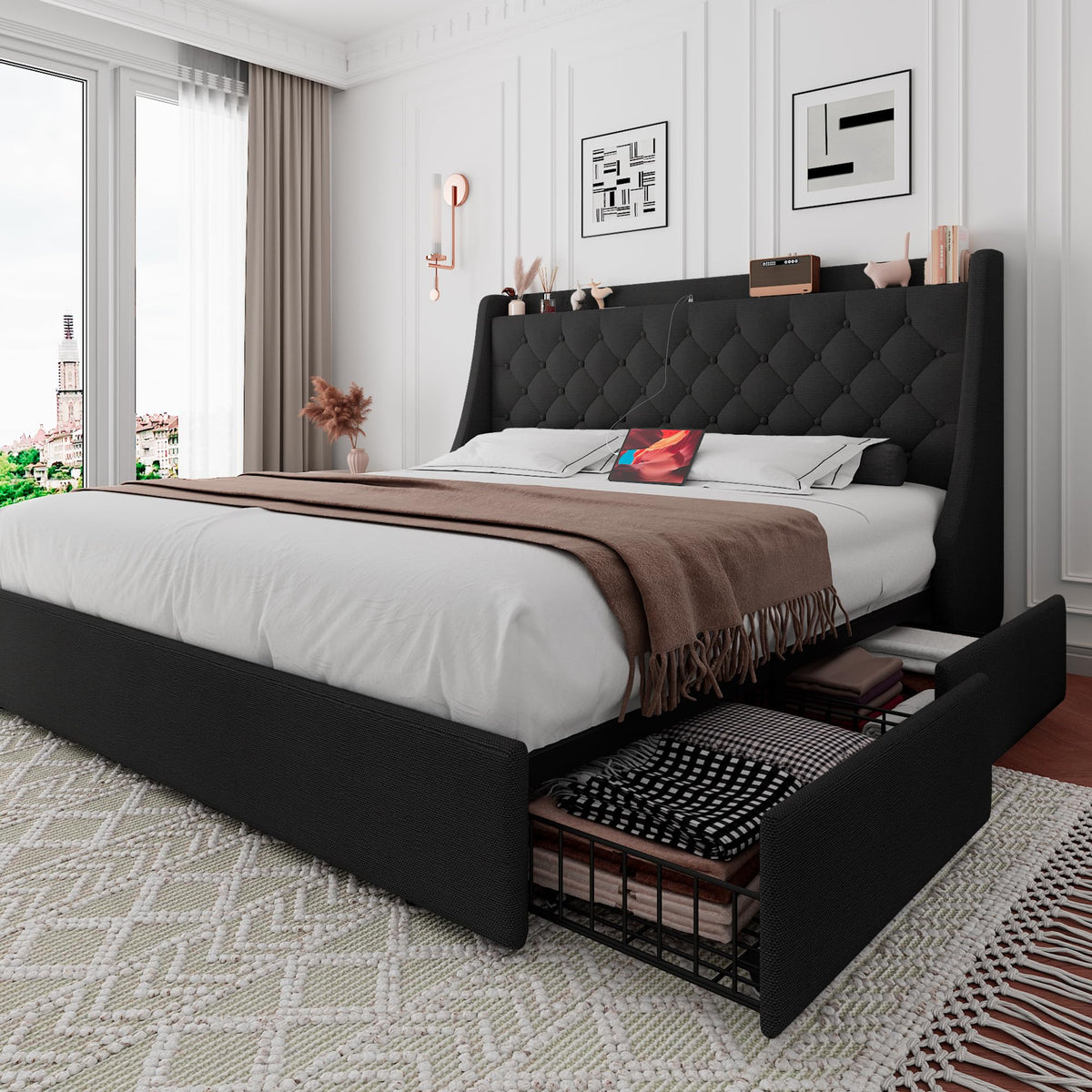 Black Queen Upholstered Platform Bed Frame with 4 Storage Drawers B993
