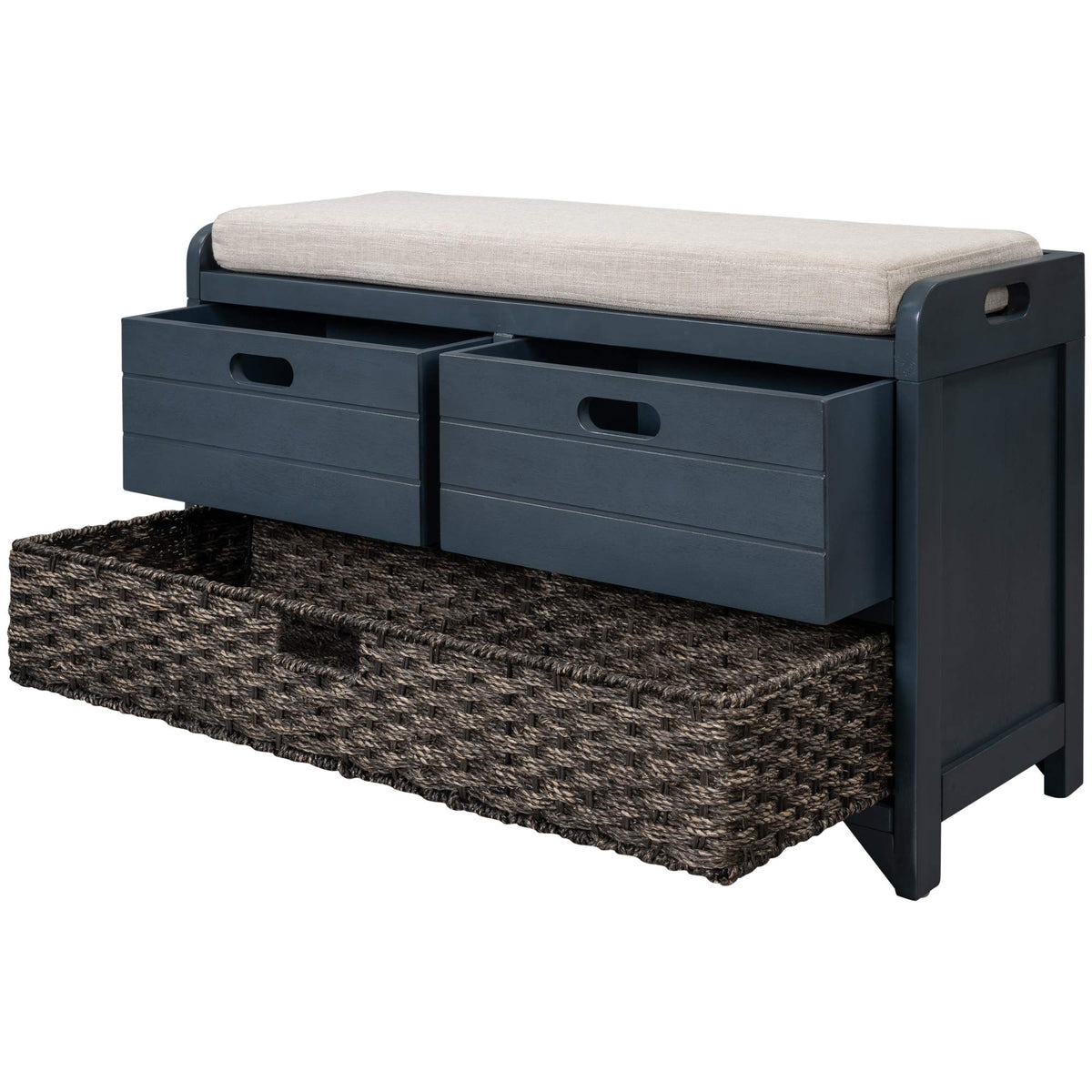 Navy Storage Bench with Drawers and Basket W959