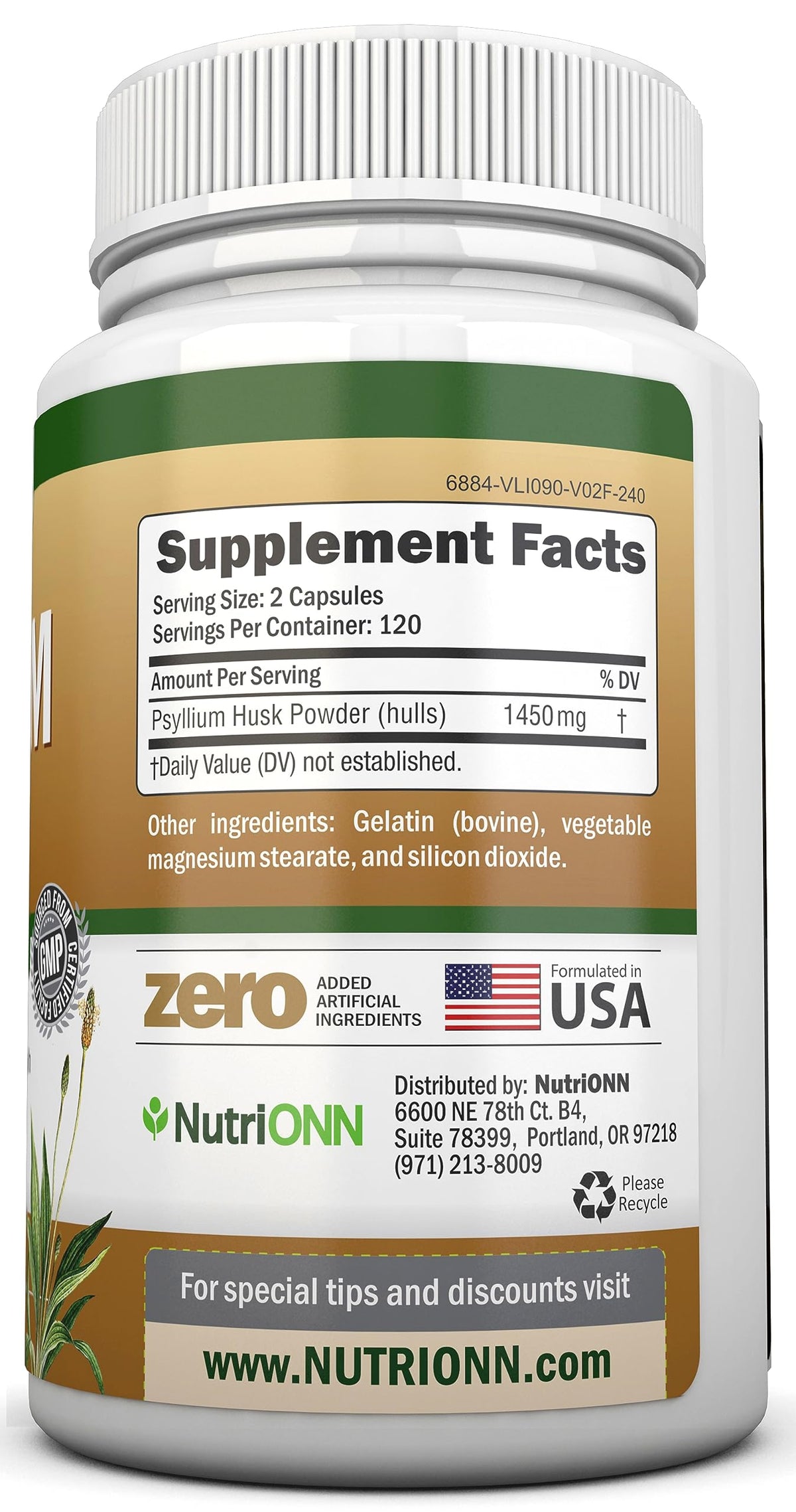 1450mg 240 Capsules Psyllium Husk Fiber Supplement M3259