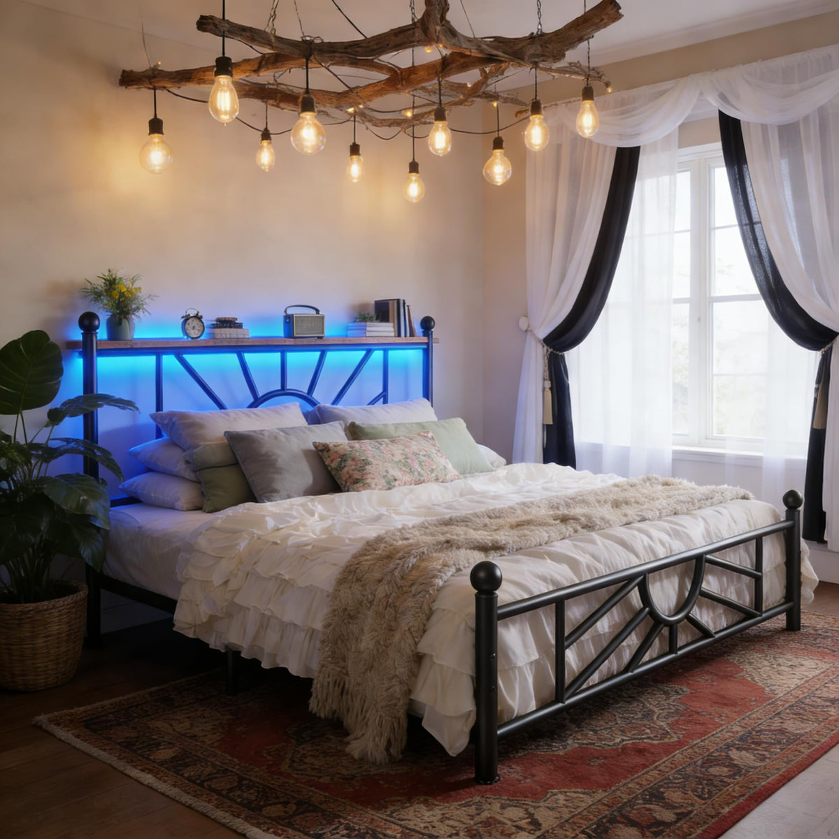 King Size Metal Platform Bed Frame with LED Lights F6425