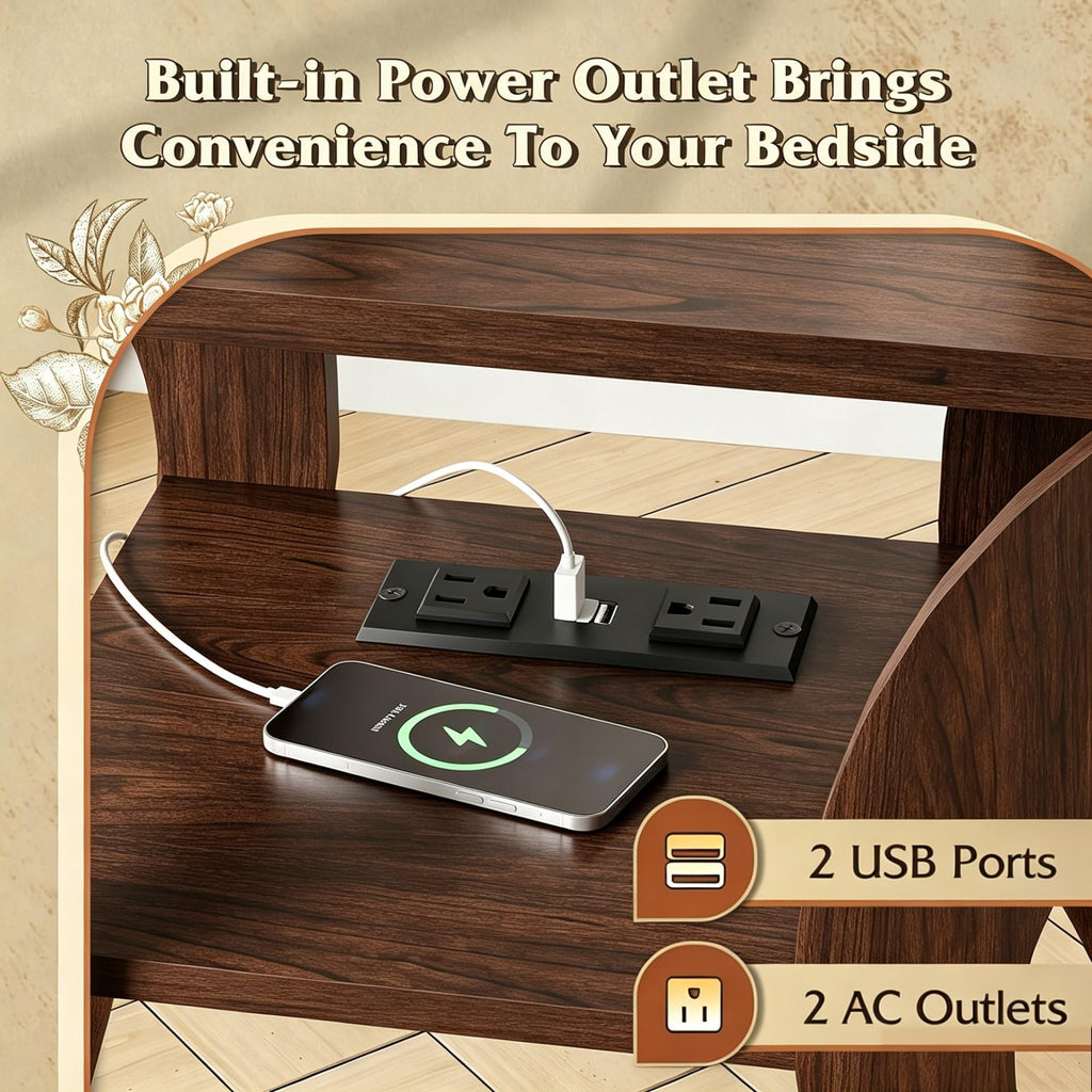 Brown End Tables Set of 2 with Charging Station N1604