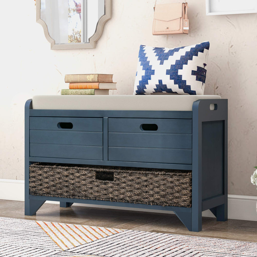 Navy Storage Bench with Drawers and Basket W959