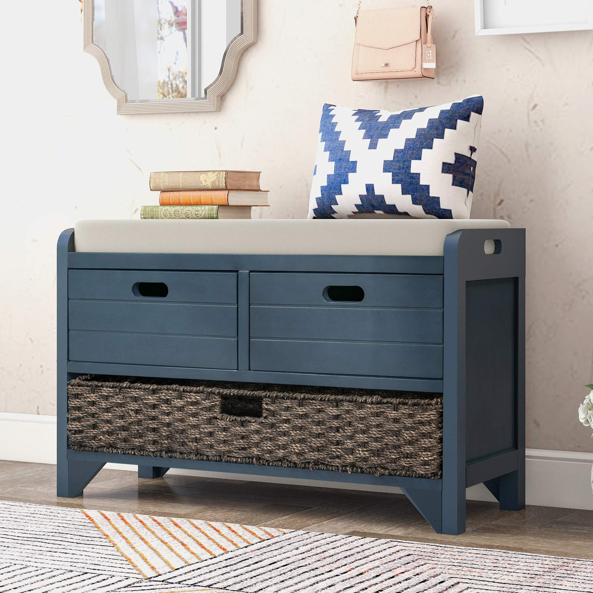 Navy Storage Bench with Drawers and Basket W959