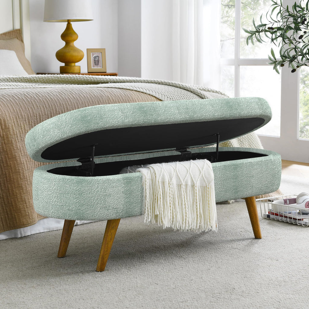 Cream Oval Boucle Storage Ottoman with Wooden Legs D9764