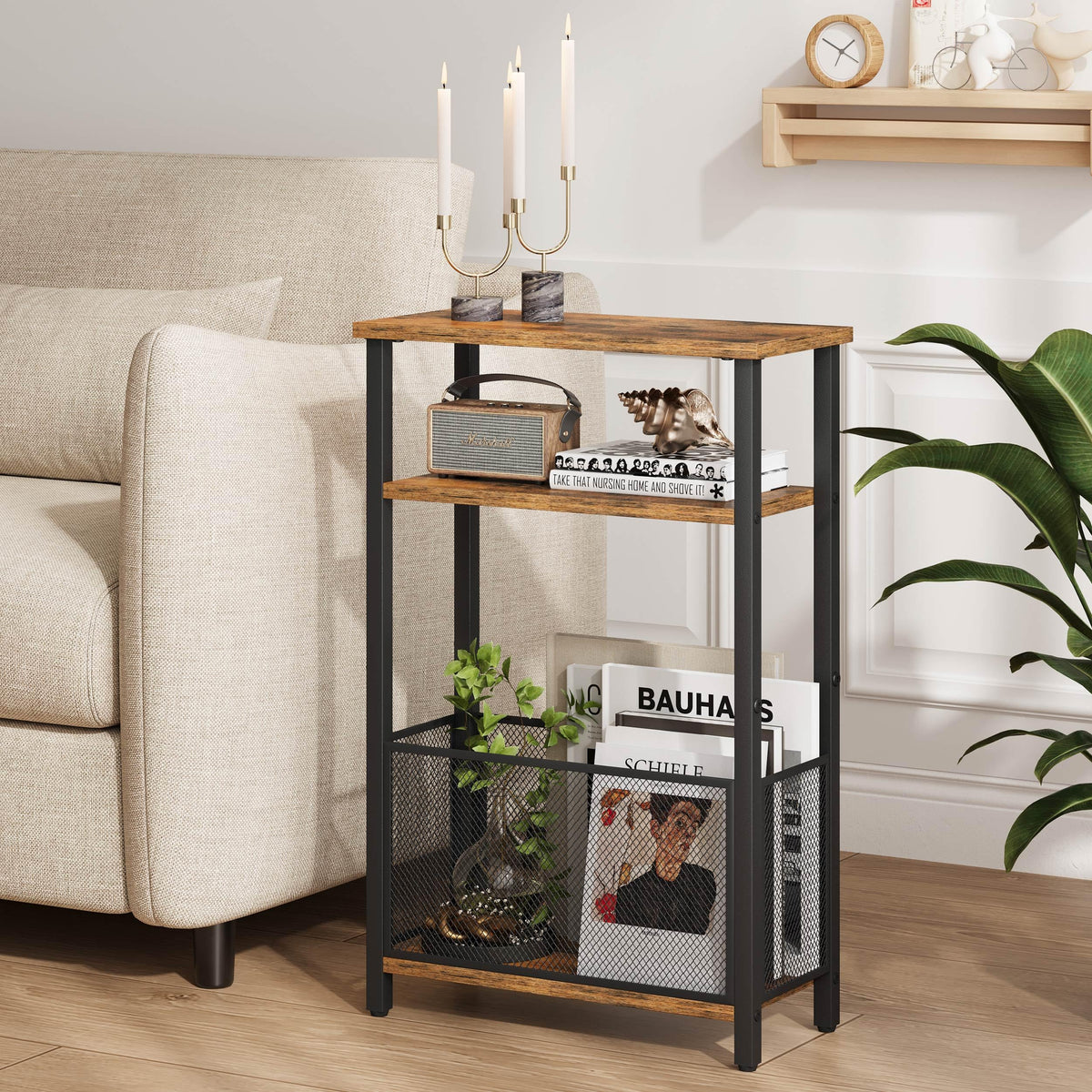 Narrow 3 Tier Side Table with Storage Basket Y76627