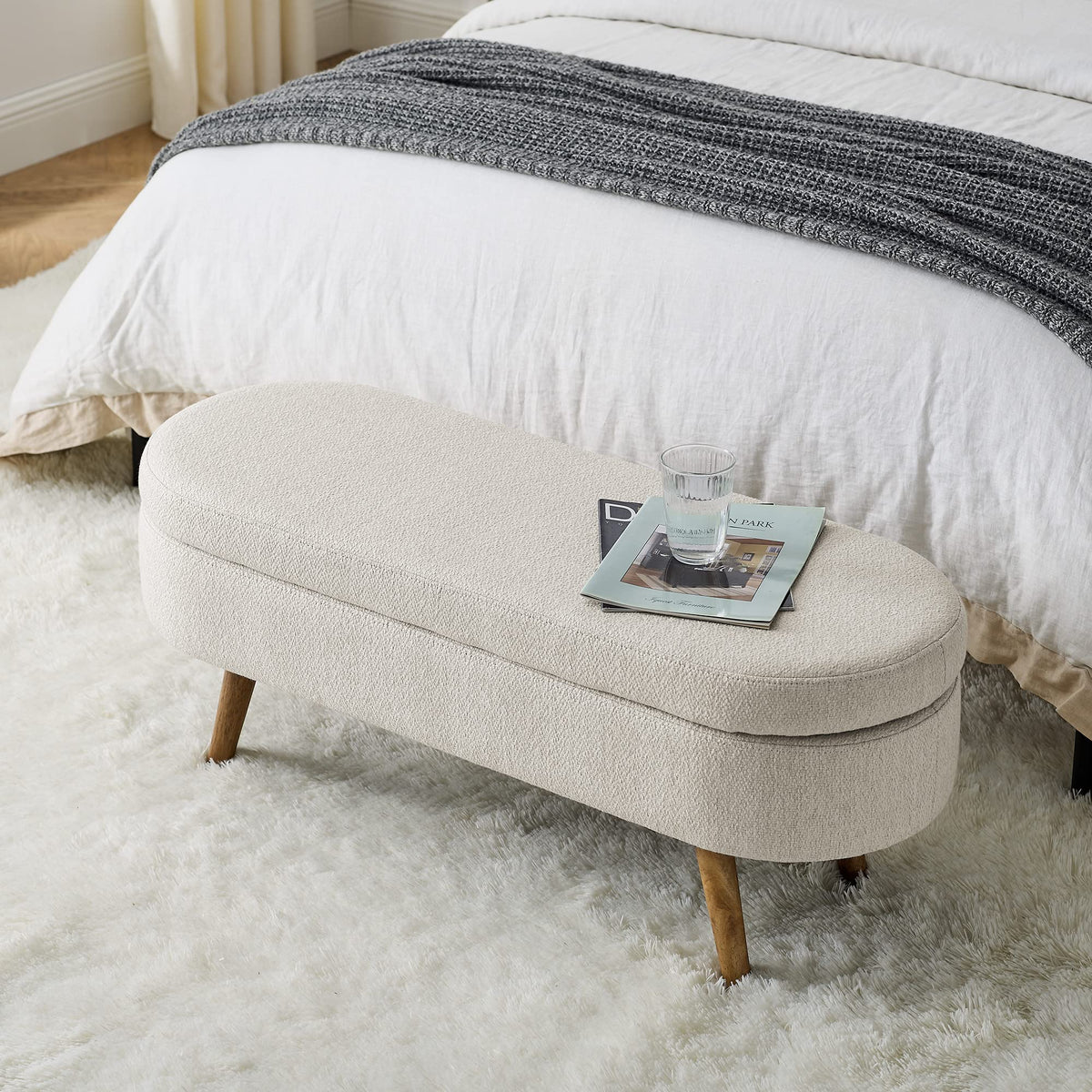 43.5" L Upholstered Linen Storage Ottoman Bench with Rubber Wood Legs U656718