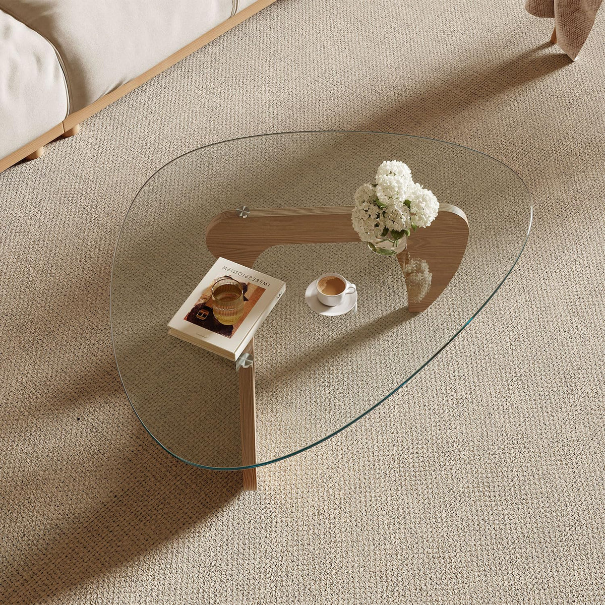 Modern Coffee Table with Tempered Glass Top and Solid Wood Base Y77354