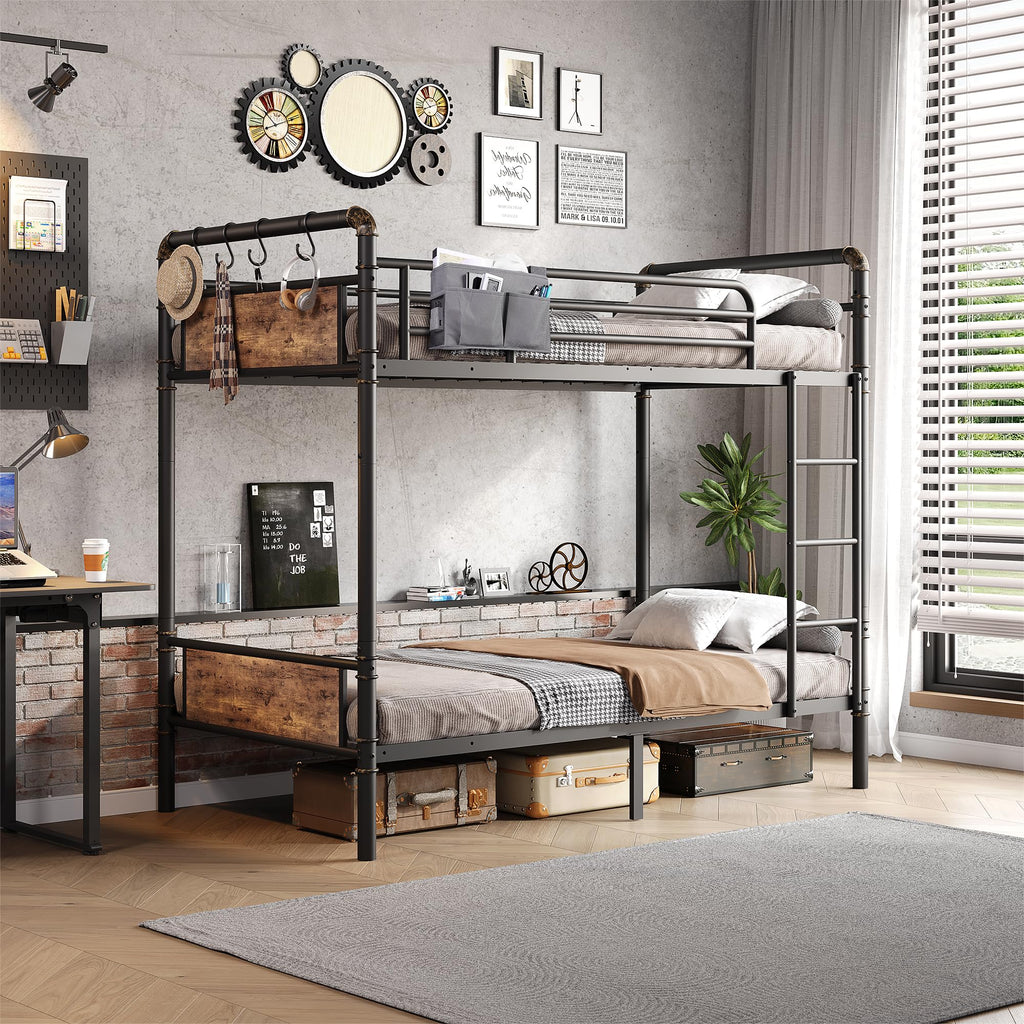 Twin Over Twin Metal Bunk Bed with Ladder and Guardrail A92031