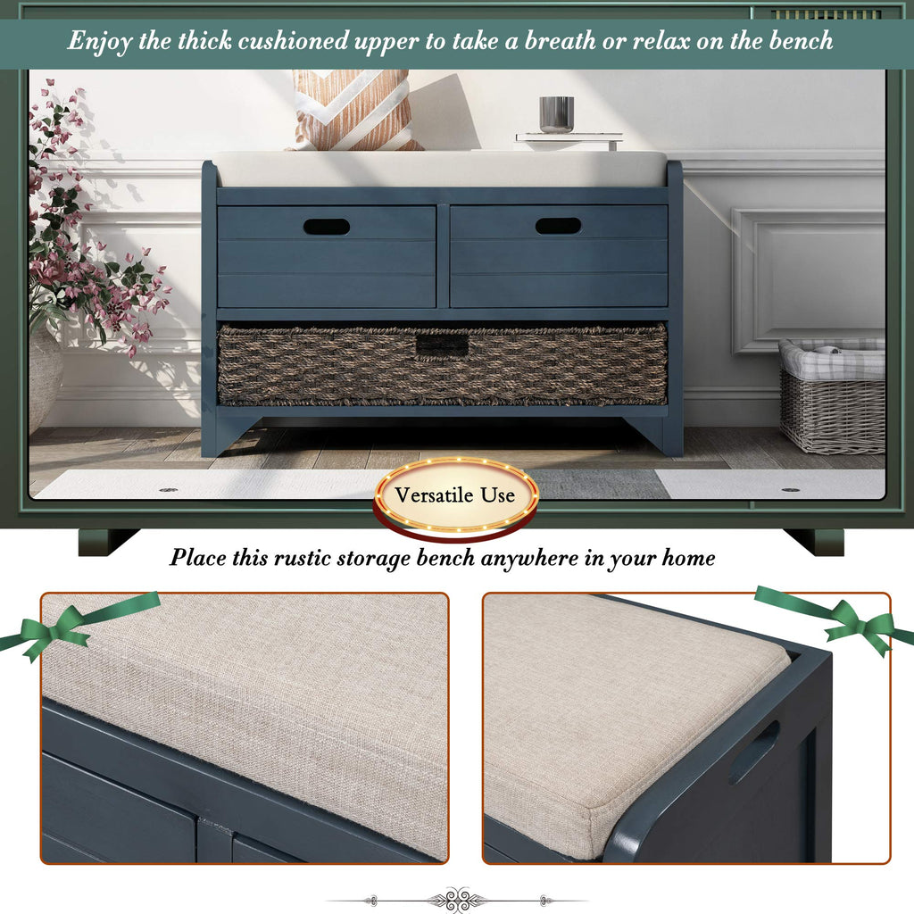 Navy Storage Bench with Drawers and Basket W959
