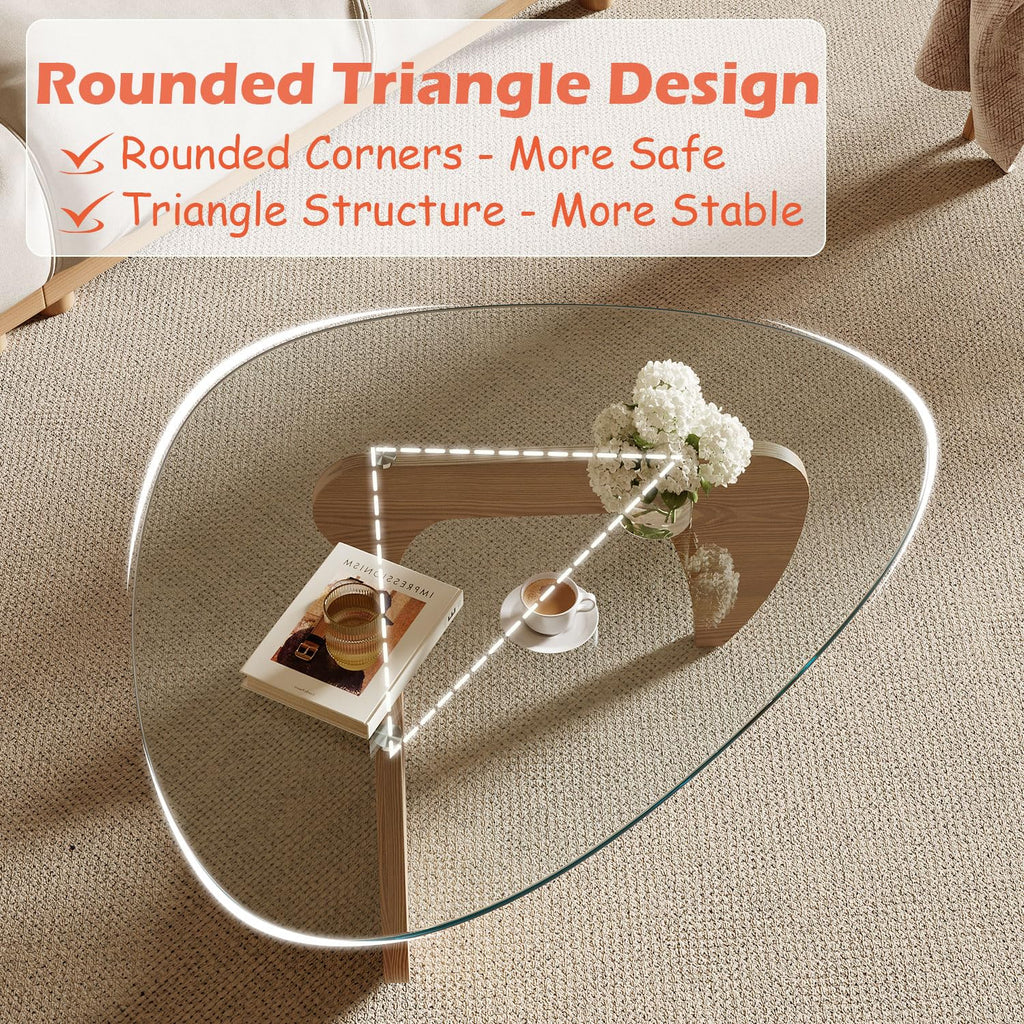 Modern Coffee Table with Tempered Glass Top and Solid Wood Base Y77354