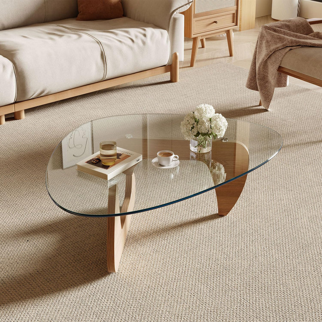 Modern Coffee Table with Tempered Glass Top and Solid Wood Base Y77354