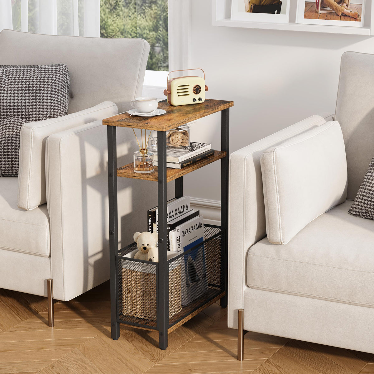 Narrow 3 Tier Side Table with Storage Basket Y76627