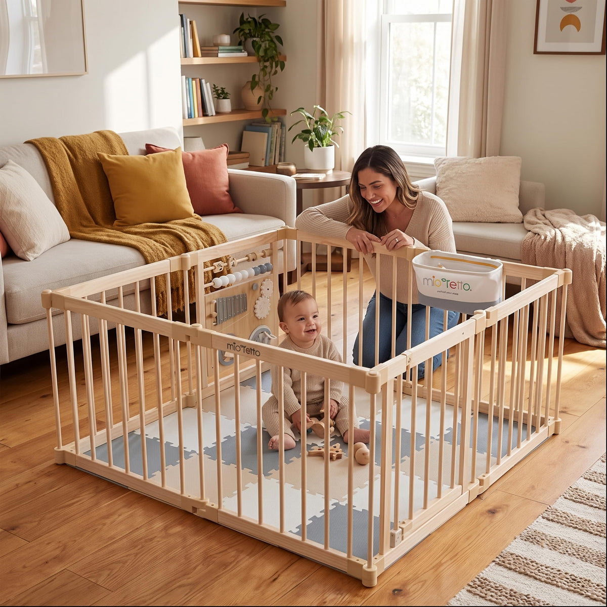 Foldable Wooden Baby Playpen with Gate N13614