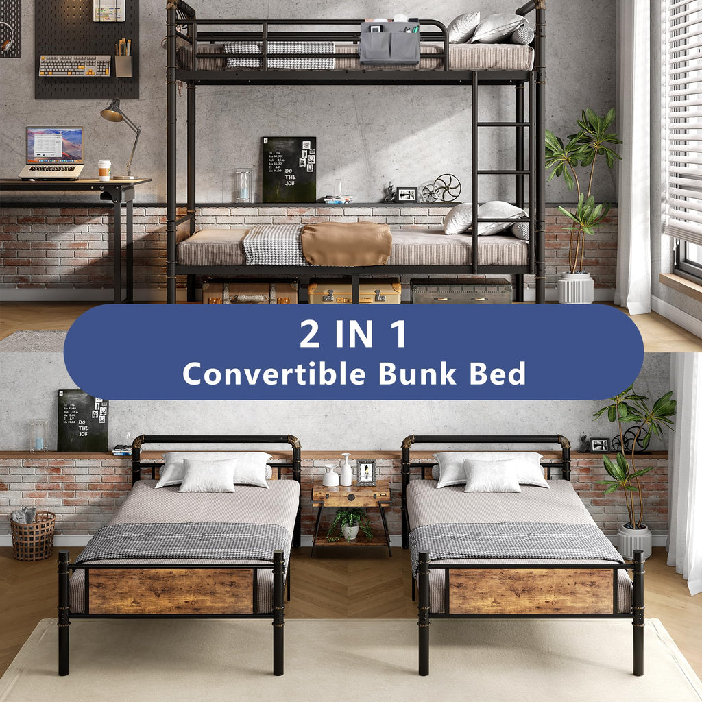 Twin Over Twin Metal Bunk Bed with Ladder and Guardrail A92031