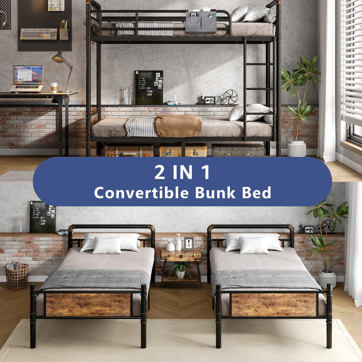 Twin Over Twin Metal Bunk Bed with Ladder and Guardrail A92031