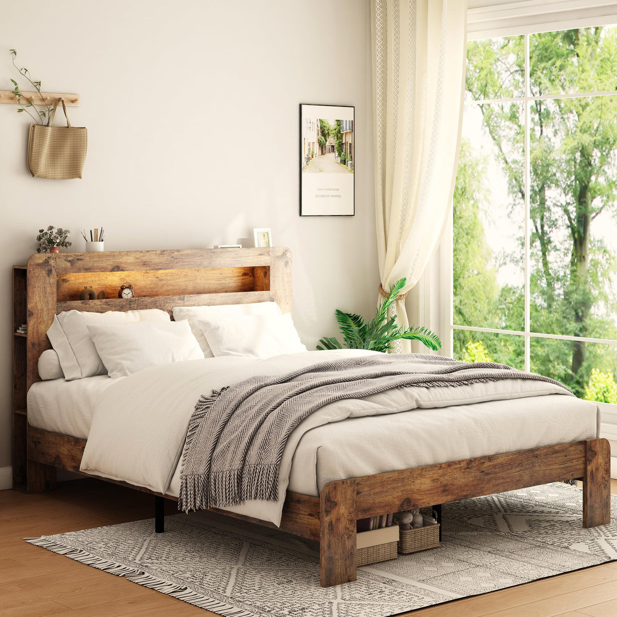Full Size Dark Brown Wood Platform Bed Frame with Storage Z9447