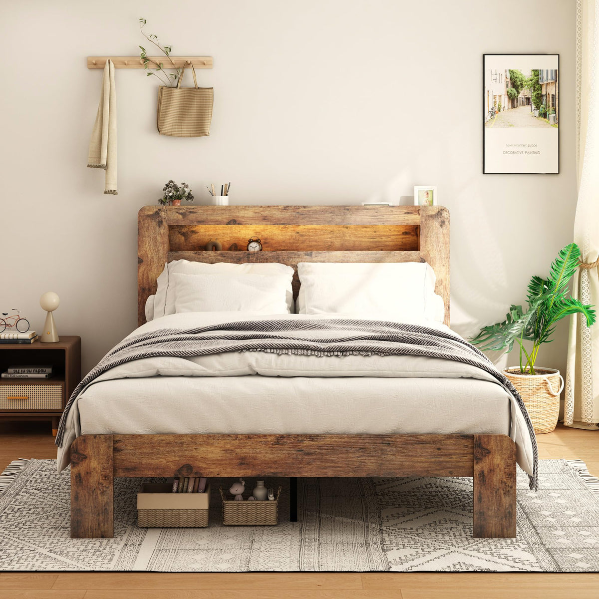 Full Size Dark Brown Wood Platform Bed Frame with Storage Z9447